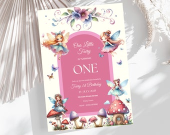Editable Fairy 1st Birthday Invitation, Blush Pink Garden (Instant Download)