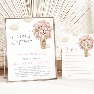 Sinal editável da cápsula do tempo da festa de primeiro aniversário, tema Beary, modelo de livro de visitas do primeiro aniversário da Pink Girl, download instantâneo