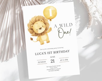 Wild One Lion 1st Birthday Invitation, Jungle Theme (Instant Download)