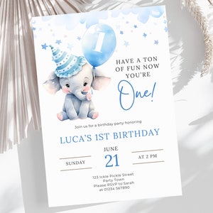 Elefante modificabile ora il tuo unico invito, invito per il primo ragazzo dell'elefante blu, invito per il primo compleanno del ragazzo, tema della festa dello zoo della giungla, download istantaneo