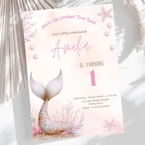 Invitación de cumpleaños de sirena editable, invitación a fiesta de cumpleaños de sirena bajo el mar, tema de fiesta de cumpleaños de sirena, descarga instantánea