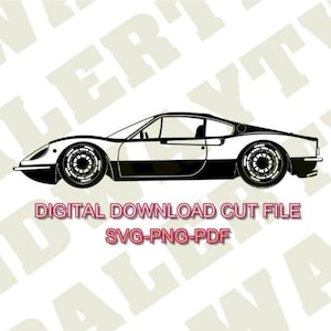 Könnte beinhalten: Schwarz-weiße Strichzeichnung eines klassischen Sportwagens. Das Bild enthält den Text "DIGITAL DOWNLOAD CUT FILE" und "SVG-PNG-PDF". Das Auto ist ein Seitenprofil mit detaillierten Rädern.