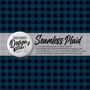 Seamless Gingham Plaid Check Vector Pattern, 2 colourways Navy & Green, Digital Paper, Backgrounds, Commercial Use. Instant Download