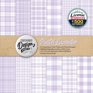 May include: A collection of 12 seamless pastel lavender plaid digital patterns with twill textures. The image includes a circular logo for Chris Morris Design Studio and text specifying 300dpi high resolution JPEG files and 12x12 inch repeats.