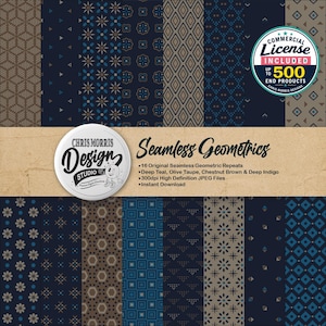 Sömlöst geometriskt upprepat mönster i djupt blågrönt och olivgrönt, paket med 16 designer, direkt nedladdning