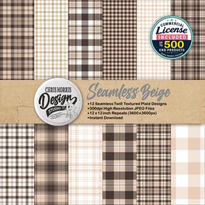 Könnte beinhalten: Eine digitale Sammlung von 12 nahtlosen, twill-strukturierten Schottenmustern in verschiedenen Beige- und Brauntönen. Das Bild enthält Text mit der Aufschrift Seamless Beige, 12 Seamless Twill Textured Plaid Designs, 300dpi High Resolution JPEG Files, 12x12 inch Repeats und Instant Download sowie ein Abzeichen für Commercial License Included.
