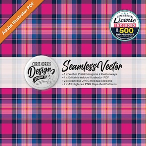 May include: A seamless vector plaid pattern featuring a vibrant grid of hot pink, deep navy blue, and thin yellow lines. The image includes a circular logo for Chris Morris Design Studio and text detailing a commercial license and file formats.