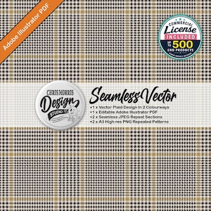 May include: A digital graphic file featuring a brown and tan houndstooth plaid pattern. The image includes a circular logo for Chris Morris Design Studio, a commercial license badge, and text listing vector, PDF, JPEG, and PNG file components.