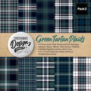 May include: A digital pack of ten seamless green tartan plaid designs. The patterns use green, navy, white, and red colour palettes. The image also includes the text "Green Tartan Plaids" and "Chris Morris Design Studio."