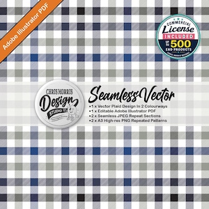May include: A seamless vector plaid pattern featuring a grid of white, grey, dark blue, and black lines. The image includes text labels for Adobe Illustrator PDF, a commercial licence, and a list of included digital assets like vector files.