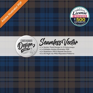 Può includere: Un motivo scozzese vettoriale senza cuciture nei toni del blu scuro e del marrone. L'immagine include etichette di testo per Adobe Illustrator PDF, una licenza commerciale per 500 prodotti finiti e un elenco di file inclusi come JPEG e PNG.