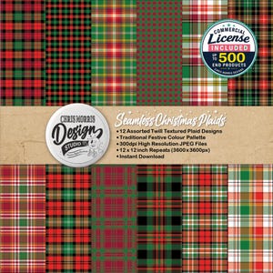 Può includere: Una collezione digitale di 12 motivi scozzesi natalizi senza cuciture con texture twill in rosso, verde, nero e bianco. L'immagine include il testo Seamless Christmas Plaids, 12 Assorted Twill Textured Plaid Designs, 300dpi High Resolution JPEG Files, 30,48 x 30,48 cm Repeats e un badge di licenza commerciale.