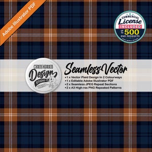 May include: A seamless vector plaid pattern featuring dark navy blue and burnt orange blocks with thin white intersecting lines. A circular logo reads Chris Morris Design Studio, and text lists file formats including Adobe Illustrator PDF.