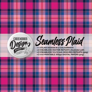Seamless Tartan Plaid Check Vector Pattern, 2 colourways - Pink & Blue, Digital Paper, Backgrounds, Commercial Use. Instant Download