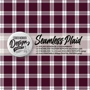 Seamless Plaid Check Vector Pattern, 2 colourways - Red & Navy, Digital Paper, Backgrounds, Commercial Use. Instant Download