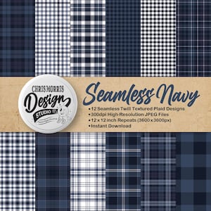 Navy Plaid Patterns: Seamless Digital Paper Bundle (12 Original Designs, JPEG, Instant Download)