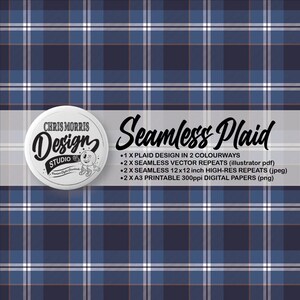 Seamless Plaid Check Vector Pattern, 2 colourways - Blue & Grey, Digital Paper, Backgrounds, Commercial Use. Instant Download