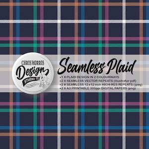 Seamless Tattersall Plaid Check Vector Pattern, 2 colourway Navy & Dark Grey, Digital Paper, Backgrounds, Commercial Use. Instant Download