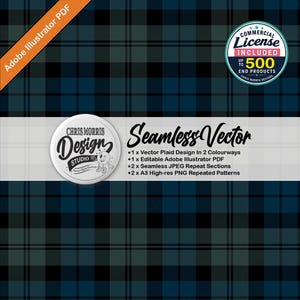 May include: A seamless vector plaid pattern in shades of dark blue, black, and dark green. A circular logo features the text Chris Morris Design Studio. Text lists: 1 x Vector Plaid Design In 2 Colourways, 1 x Editable Adobe Illustrator PDF.