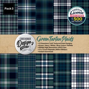 Può includere: Una collezione digitale di 10 motivi scozzesi senza cuciture con texture twill in verde, blu navy, bianco e blu. L'immagine presenta il testo Pack 3, Chris Morris Design Studio, Green Tartan Plaids e dettagli sulla risoluzione 300dpi e ripetizioni di 30,48 x 30,48 cm.