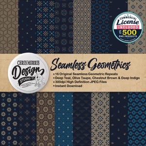 Peut inclure: Une collection de 16 motifs géométriques numériques sans raccord en bleu sarcelle profond, taupe olive, brun châtaigne et indigo profond. L'image présente le texte Seamless Geometrics, Chris Morris Design Studio et Commercial License Included.