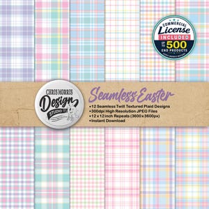 May include: A collection of 12 seamless twill textured plaid digital paper designs in pastel colours including pink, blue, yellow, and purple. The image features the text Seamless Easter, 12 Seamless Twill Textured Plaid Designs, 300dpi High Resolution JPEG Files, 12x12inch Repeats (3600x3600px), Instant Download, and a Commercial License Included badge.