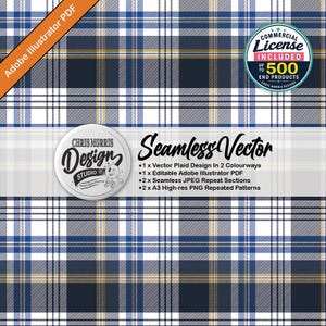 May include: A seamless vector plaid pattern featuring a grid of white, navy blue, and mustard yellow lines. A circular logo reads Chris Morris Design Studio. Text includes Adobe Illustrator PDF, Seamless Vector, and Commercial License Included.