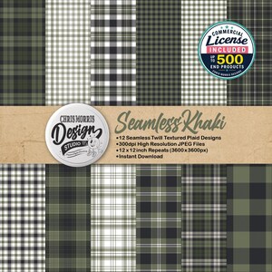 Peut inclure: Une collection numérique de 12 motifs écossais sans couture à texture sergée dans des tons kaki, vert olive, noir et blanc. L'image contient le texte Seamless Khaki, 12 Seamless Twill Textured Plaid Designs, 300dpi et des répétitions de 30,48x30,48 cm.