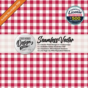 May include: A seamless vector pattern featuring a red and white gingham plaid design. The image includes text stating Adobe Illustrator PDF, Commercial License Included, Seamless Vector, and a list of included digital file formats and quantities.