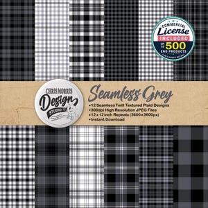 Könnte beinhalten: Eine Sammlung von 12 nahtlosen, grau gemusterten digitalen Papierdesigns mit Twill-Textur. Das Bild zeigt ein kreisförmiges Logo für Chris Morris Design Studio und Text mit der Angabe 12 Seamless Twill Textured Plaid Designs, 300dpi High Resolution JPEG Files, 12x12 inch Repeats und Instant Download.