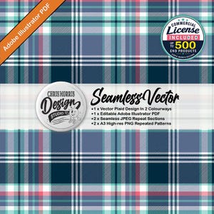 May include: A seamless plaid pattern featuring a grid of dark blue, light blue, white, and pink lines. A circular logo reads Chris Morris Design Studio. Text includes Seamless Vector, 1 x Vector Plaid Design In 2 Colourways, 1 x Editable Adobe Illustrator PDF, 2 x Seamless JPEG Repeat Sections, and 2 x A3 High-res PNG Repeated Patterns.