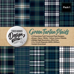 Pacote 1 de Estampas Xadrez Tartan Verde: Conjunto de Papéis Digitais Sem Emenda (10 Designs Originais, JPEG, Download Instantâneo)