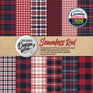 May include: A collection of twelve seamless red and dark blue plaid digital patterns with twill textures. The image includes a circular logo for Chris Morris Design Studio and text detailing 300dpi resolution and 12 x 12 inch repeats.