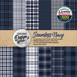 May include: A digital collection of 12 seamless navy blue twill textured plaid patterns. The image features a circular logo for Chris Morris Design Studio and text stating Seamless Navy, 12 Seamless Twill Textured Plaid Designs, 300dpi, 12x12 inch repeats, and instant download.