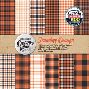 Op de afbeelding: Een collectie van twaalf naadloze oranje en zwarte digitale ruitpatronen met kepertexturen. De afbeelding bevat de tekst Seamless Orange, 12 Seamless Twill Textured Plaid Designs, 300dpi High Resolution JPEG Files, 30,48x30,48 cm Repeats en Instant Download.