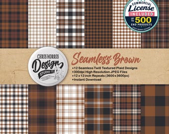 May include: A collection of 12 seamless brown twill textured plaid digital paper designs. The image features a circular logo for Chris Morris Design Studio and text stating 12 Seamless Twill Textured Plaid Designs, 300dpi, and 12x12 inch repeats.