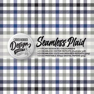 Seamless Gingham Plaid Check Vector Pattern, 2 colourways Green & Blue, Digital Paper, Backgrounds, Commercial Use. Instant Download