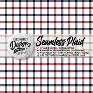 Seamless Tattersall Plaid Check Herringbone Vector Pattern, 2 colourway Red & Blue, Digital Paper, Commercial Use. Instant Download