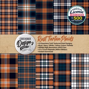 May include: A collection of ten seamless digital paper patterns featuring rust, navy, white, and yellow tartan plaid designs. The image includes a circular logo for Chris Morris Design Studio and text detailing 300dpi resolution and 12x12 inch repeats.