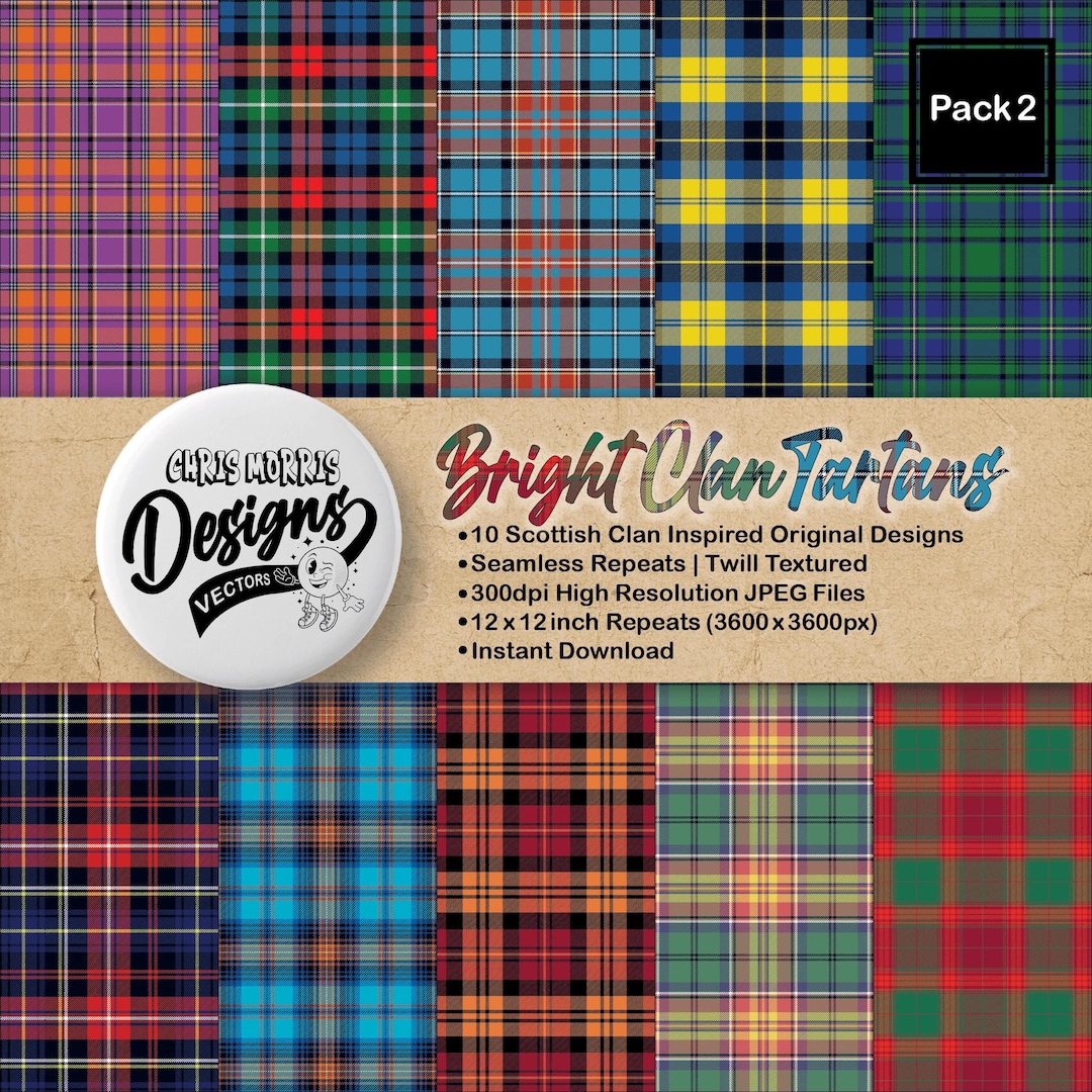 Seamless Bright Clan Tartan Plaid Repeats, Pack 2, Digital Paper Bundle ...