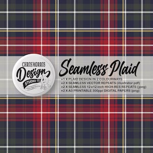 Seamless Tartan Plaid Check Vector Pattern, 2 colourways - Red & Blue, Digital Paper, Backgrounds, Commercial Use. Instant Download
