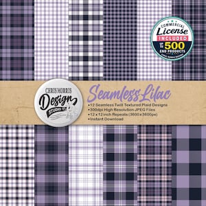 May include: A collection of twelve seamless digital paper patterns featuring various lilac and dark purple plaid designs with twill textures. The image includes text stating Seamless Lilac, 12 Seamless Twill Textured Plaid Designs, 300dpi High Resolution JPEG Files, 12x12inch Repeats, and Instant Download.