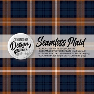 Nahtloses Tartan Karo Karo Vektor Muster, 2 Färbungen Orange & Blau, Digital Papier, Hintergründe, Kommerzielle Nutzung. Sofort Download