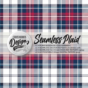 Patrón vectorial de cuadros escoceses sin costuras, 2 colores: rojo y azul. Papel digital, fondos, uso comercial. Descarga instantánea.