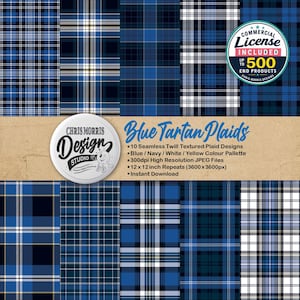 Op de afbeelding: Een collectie van tien naadloze digitale blauwe tartan ruitpatronen in marineblauw, wit en geel. De afbeelding bevat een rond logo van Chris Morris Design Studio en tekst met details over herhalingen van 30,48 x 30,48 cm bij 300dpi.
