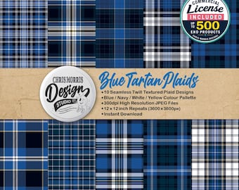 May include: A collection of ten seamless blue tartan plaid digital patterns featuring navy, white, and yellow color palettes. The image includes a circular logo for Chris Morris Design Studio and text detailing 12 x 12 inch repeats at 300dpi.