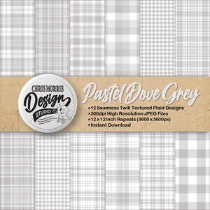 May include: A selection of twelve seamless twill textured plaid designs in pastel dove grey. The image features a circular logo with the text "Chris Morris Design Studio" and the words "Pastel Dove Grey". The designs are 30.48 x 30.48 cm repeats.