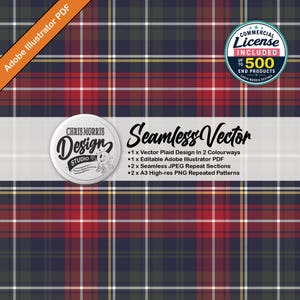 May include: A seamless vector plaid pattern featuring a dark navy blue background with intersecting red, white, and yellow lines. The design includes a circular logo for Chris Morris Design Studio and text listing digital file contents like Adobe Illustrator PDF.