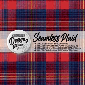 Seamless Tartan Plaid Check Vector Pattern, 2 colourways - Red & Blue, Digital Paper, Backgrounds, Commercial Use. Instant Download