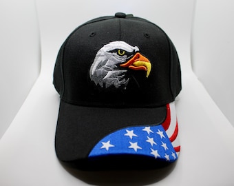 Gorra de EE. UU. Gorra de béisbol con la bandera de EE. UU. Gorra con el águila americana. Gorra negra con el águila y la bandera estadounidense. Gorra bordada con el águila de los Estados Unidos.